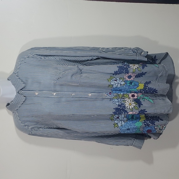Jane and Delancey Size 1X Blue White Striped Floral Button Down Shirt - Picture 1 of 11